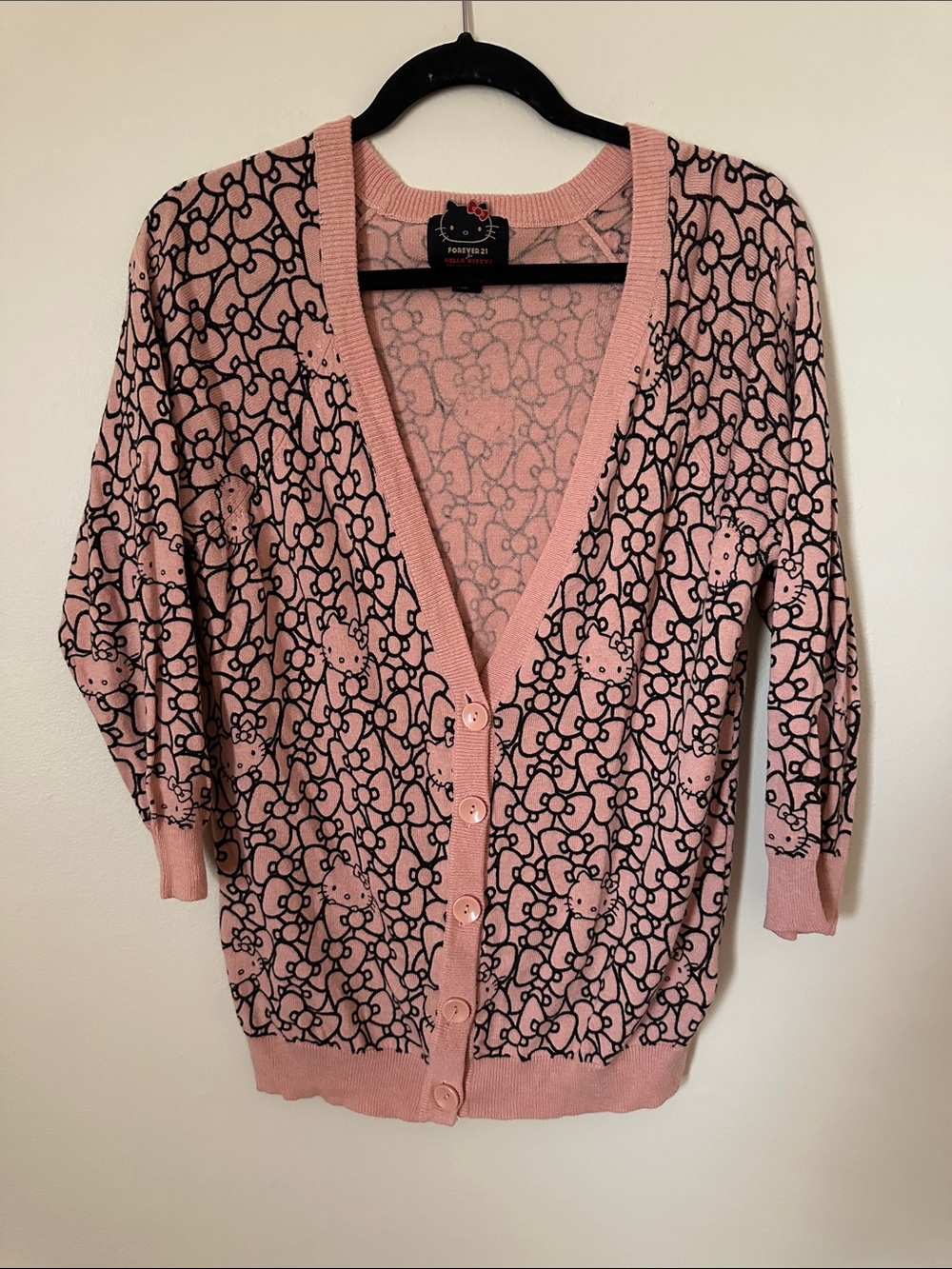 Hello Kitty Pink and Black Allover Print Button Cardigan